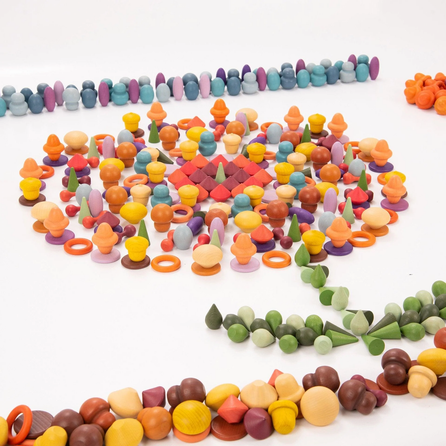 Colourful wooden parts set in a pattern