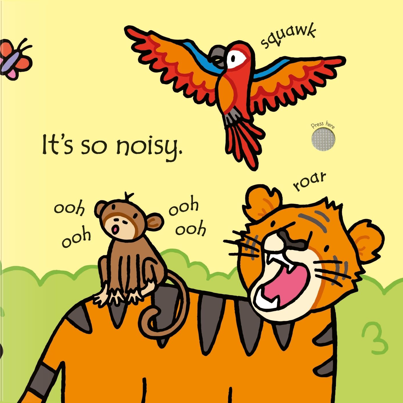Illustrated children's book page with an elephant, parrot, and tiger on a yellow background.