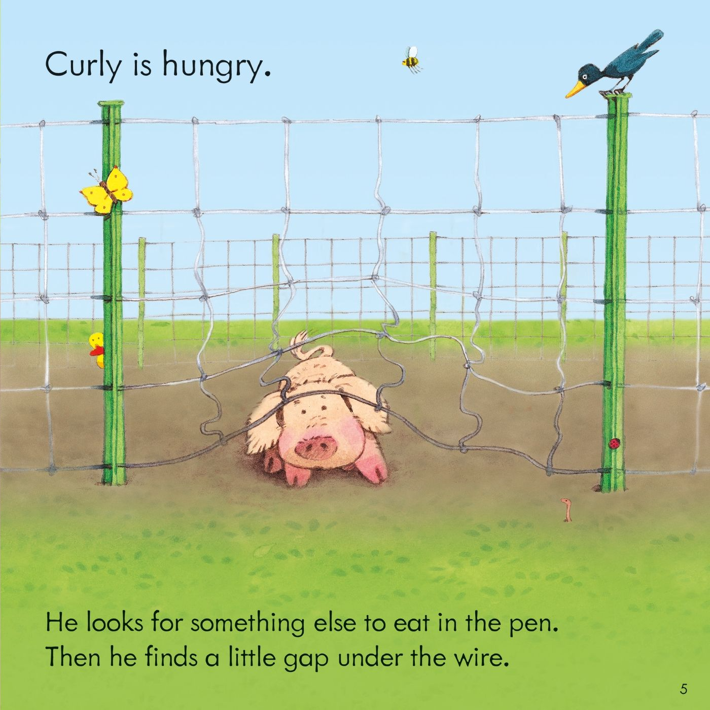 Illustrated book pages showing a girl with pigs and a pig looking for food.