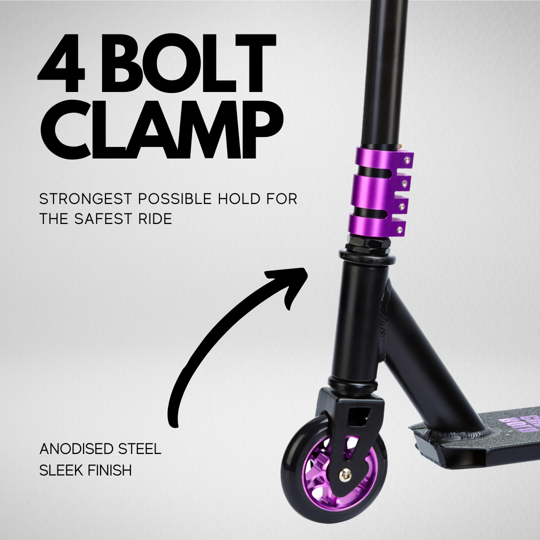 Scooter with purple wheel and clamp on a gray background, featuring text about the 4-bolt clamp.