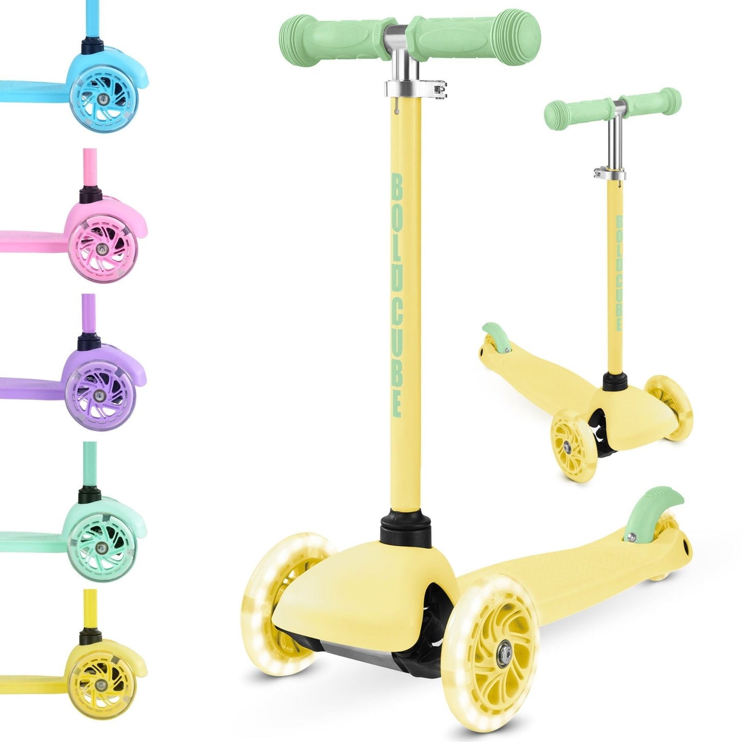 Colorful children's scooters on a white background