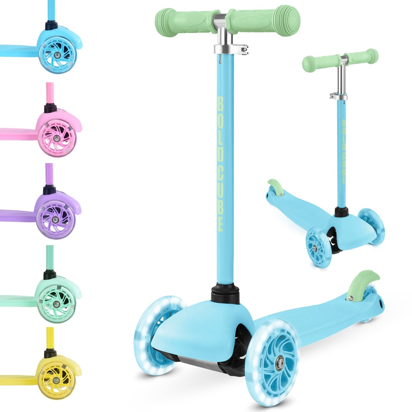 Set of colorful children's scooters on a white background