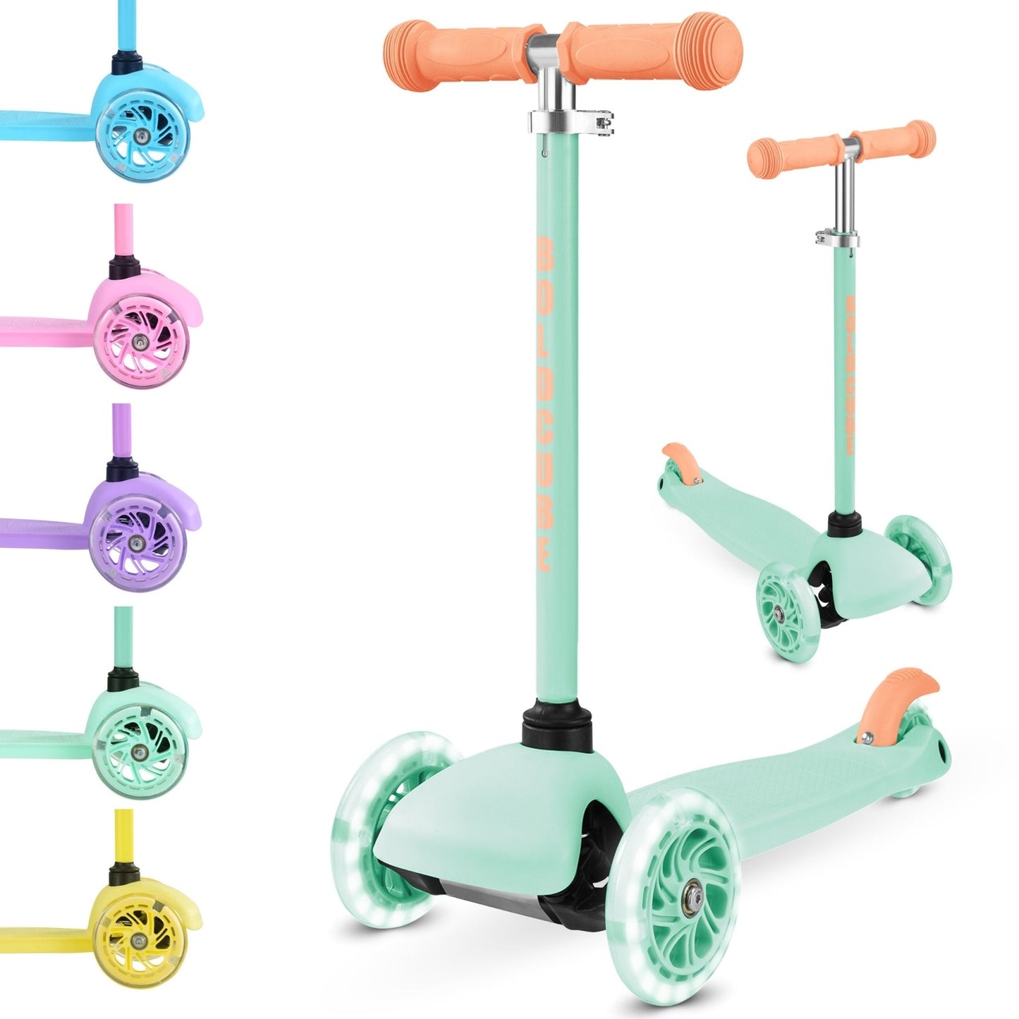 Colorful children's scooters with different wheel designs on a white background