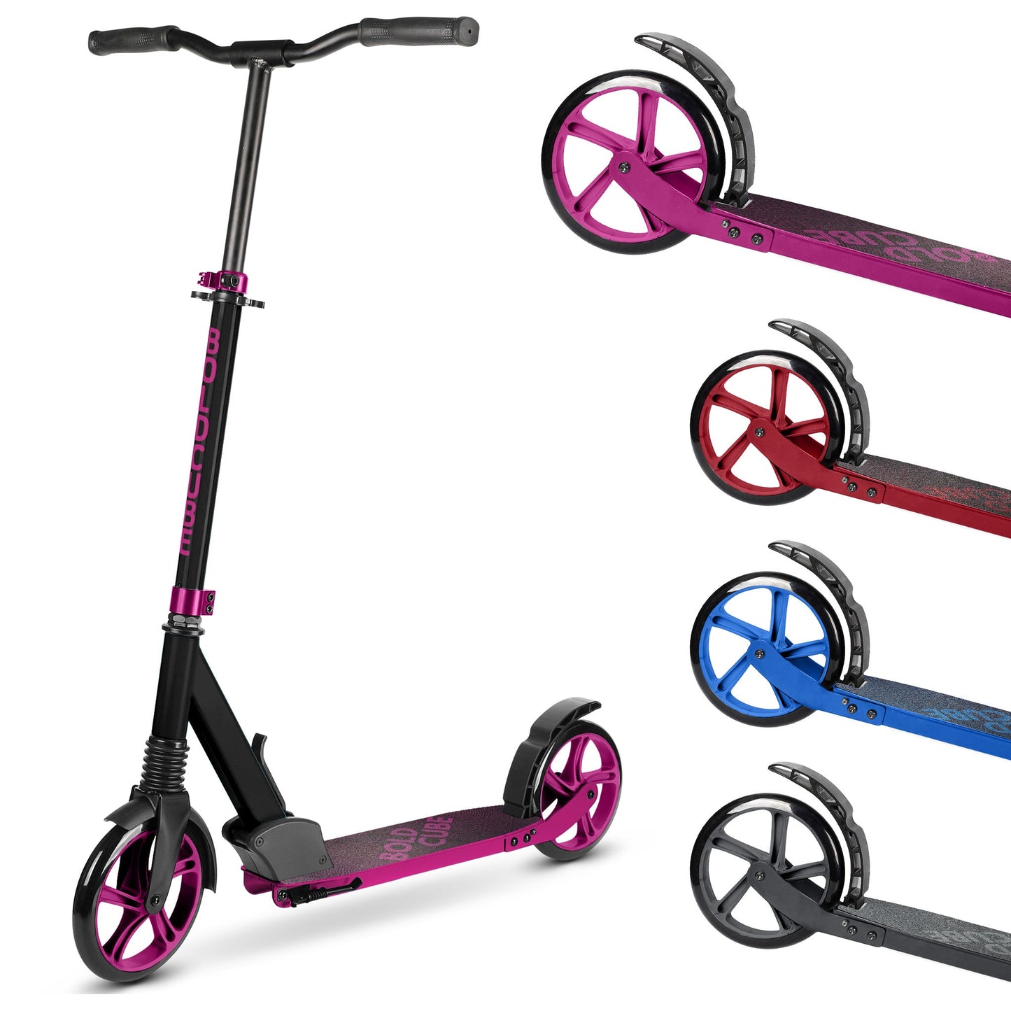 Black scooter with pink wheels on a white background