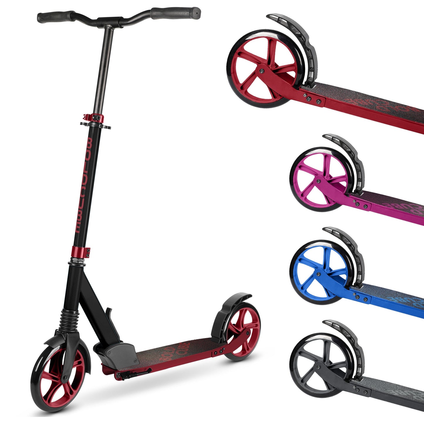 Black scooter with red wheels on a white background