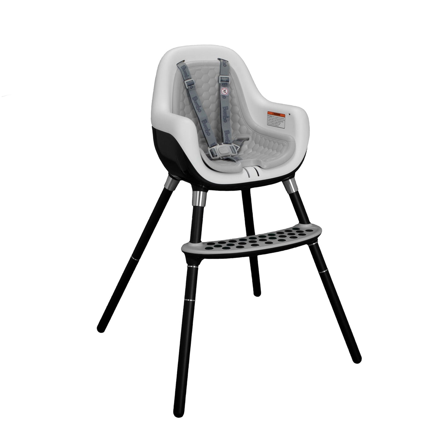 Black and white high chair with safety harness on a white background