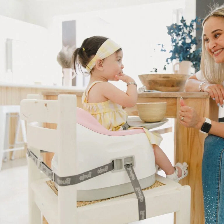 Child in a high chair with a woman sitting next to her at a dining table.