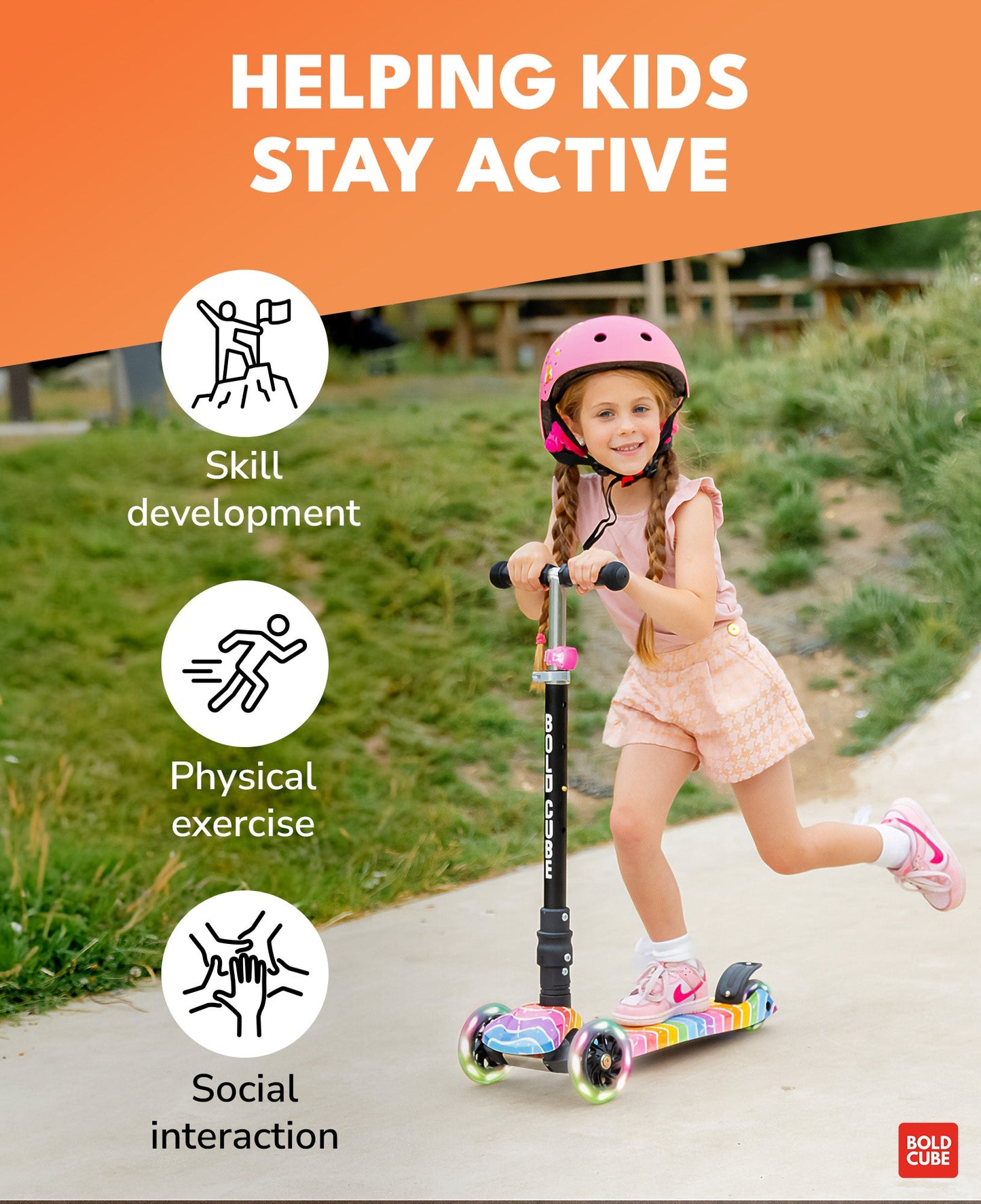 Child riding a scooter with text about helping kids stay active, skill development, physical exercise, and social interaction.