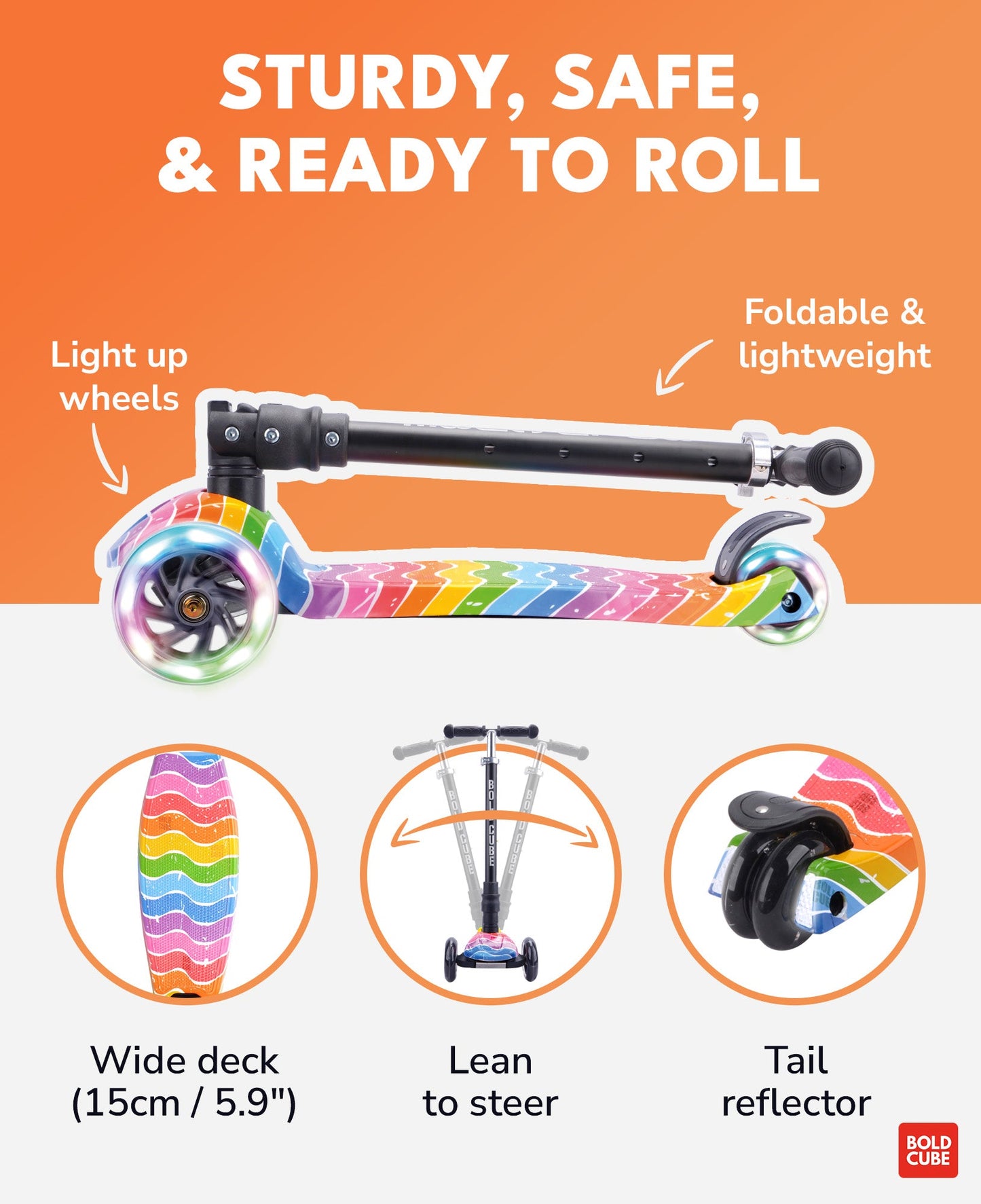 Colorful scooter with features highlighted on an orange and white background