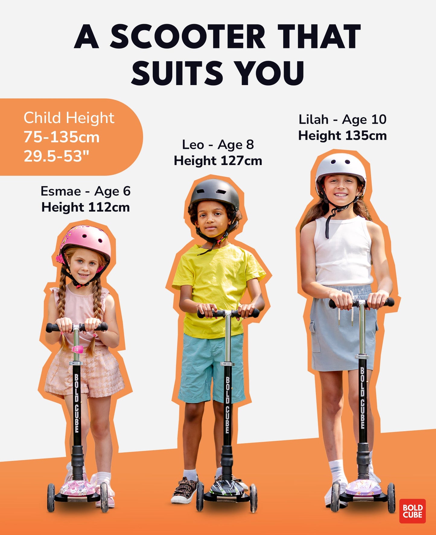 Children using scooters with height and age information displayed on a white background