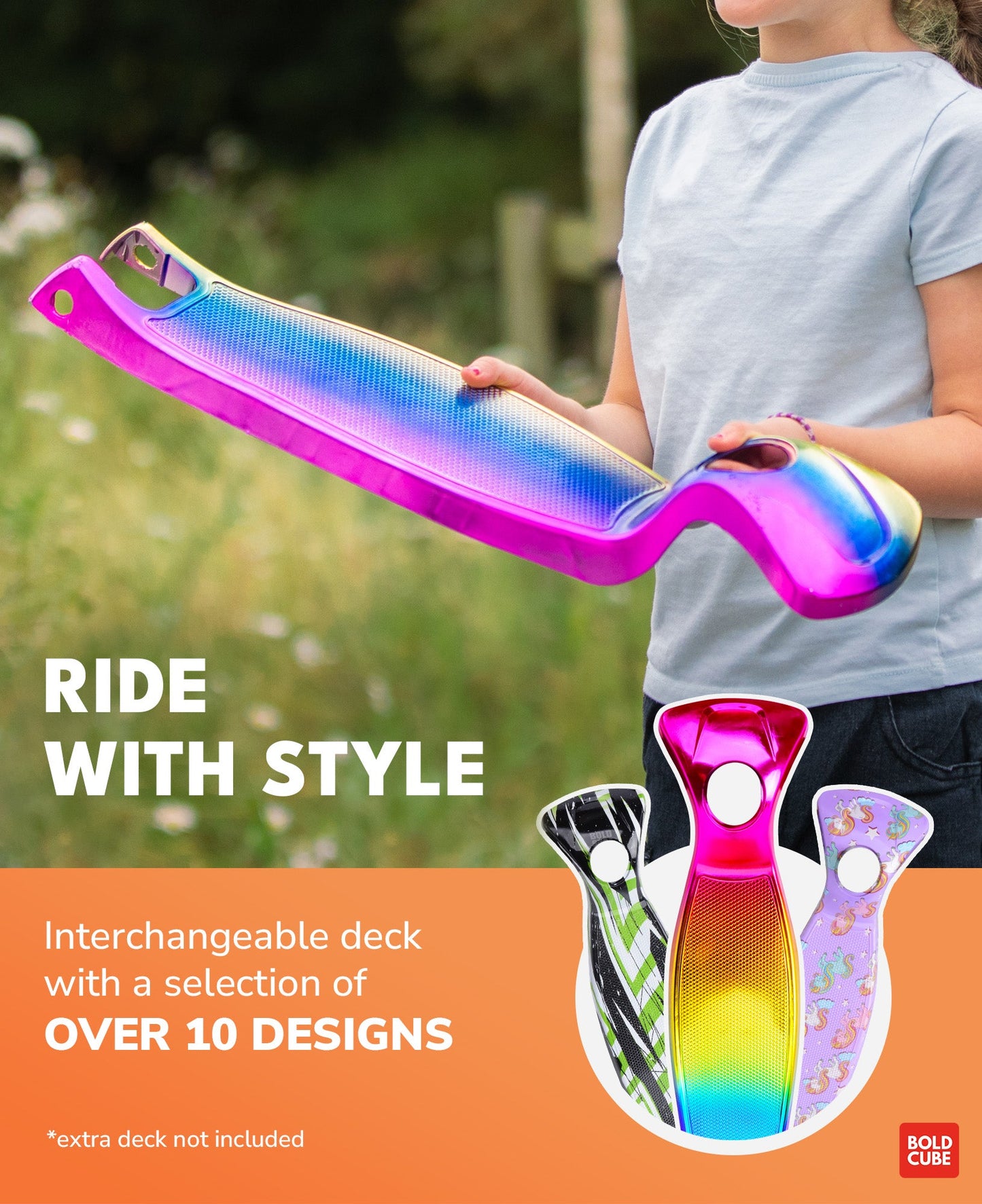 Colorful inflatable slide held by a person with text about interchangeable designs.