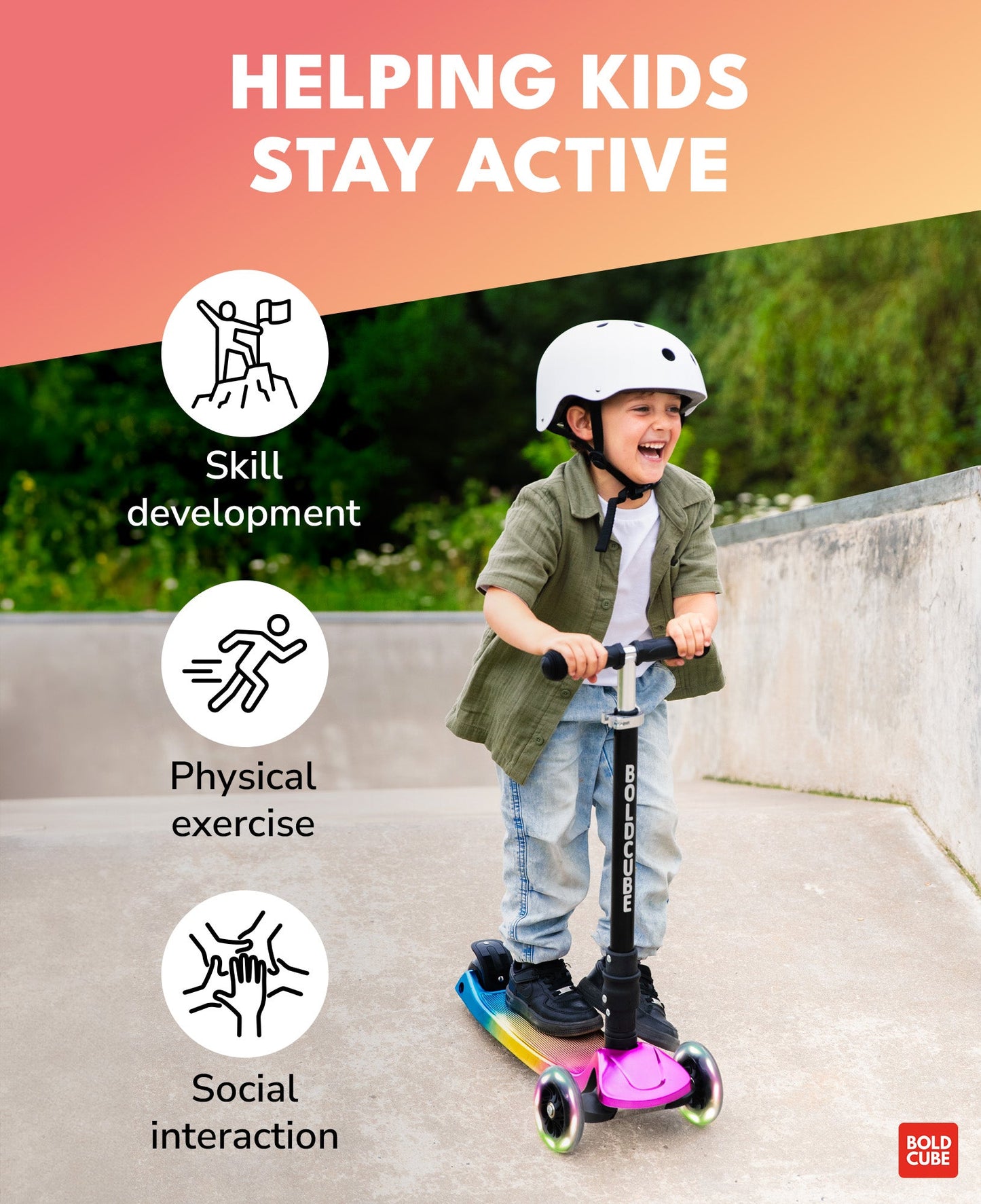 Child riding a scooter with text about helping kids stay active, skill development, physical exercise, and social interaction.