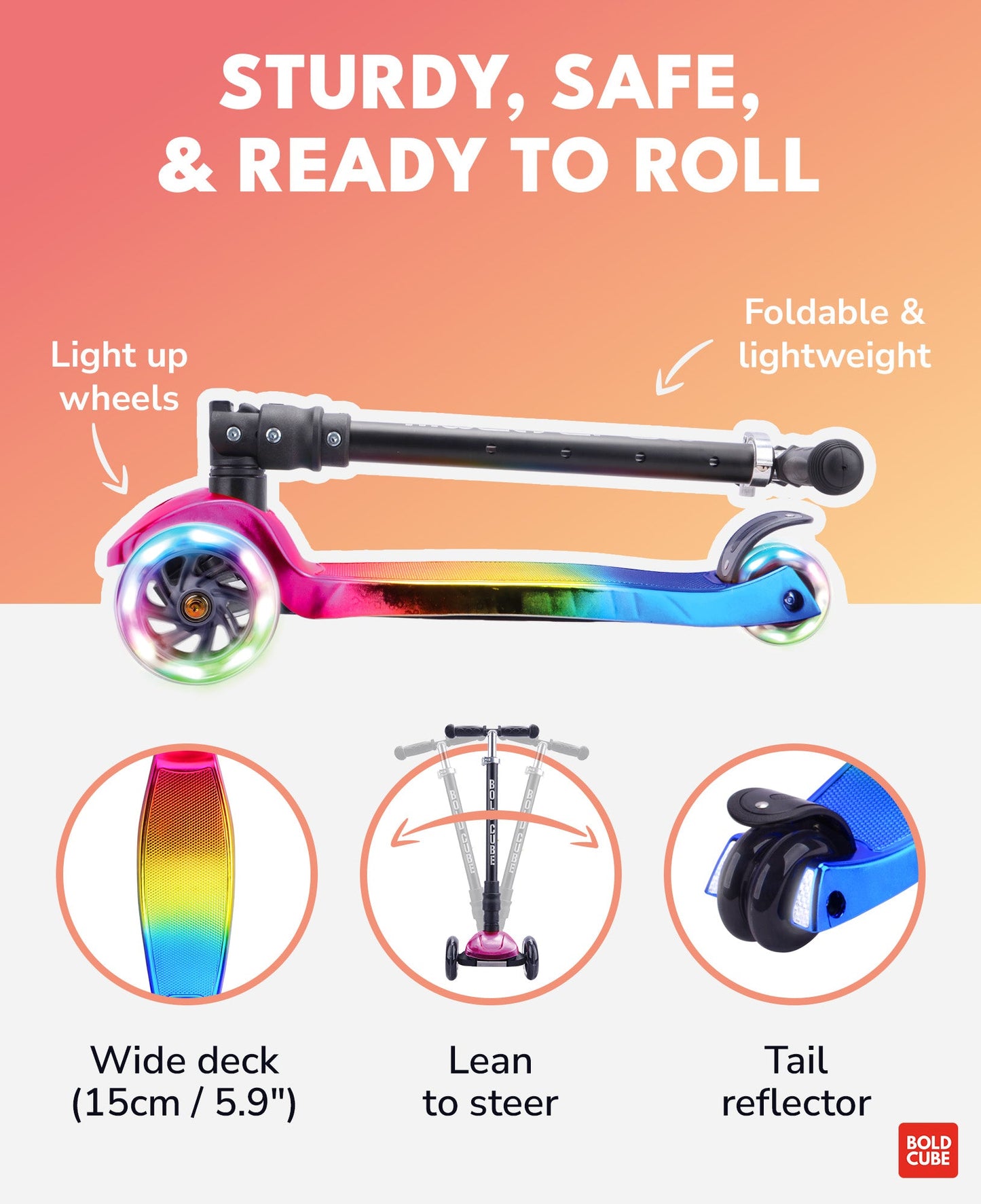 Colorful scooter with features highlighted on a gradient background