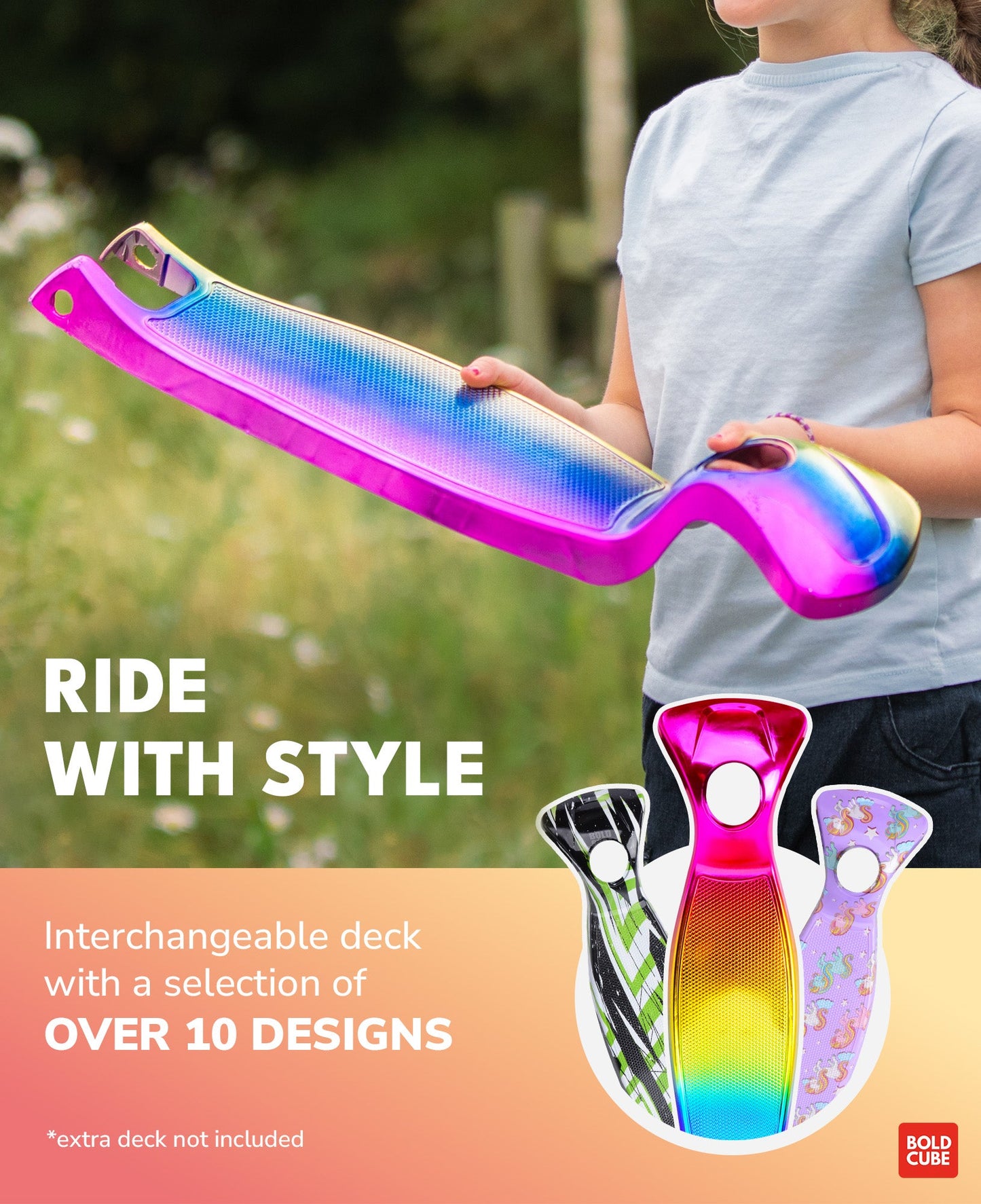 Colorful longboard deck with interchangeable options held by a person outdoors.