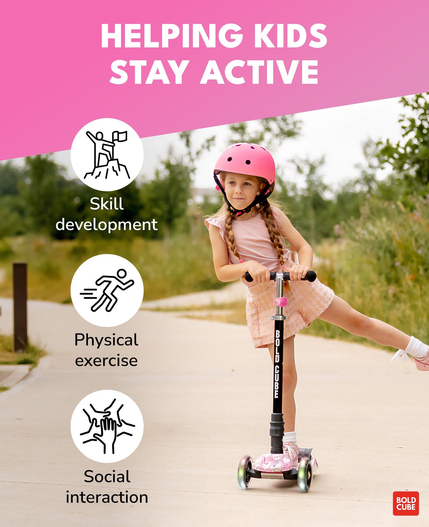 Girl riding a scooter with text about helping kids stay active on a pink background
