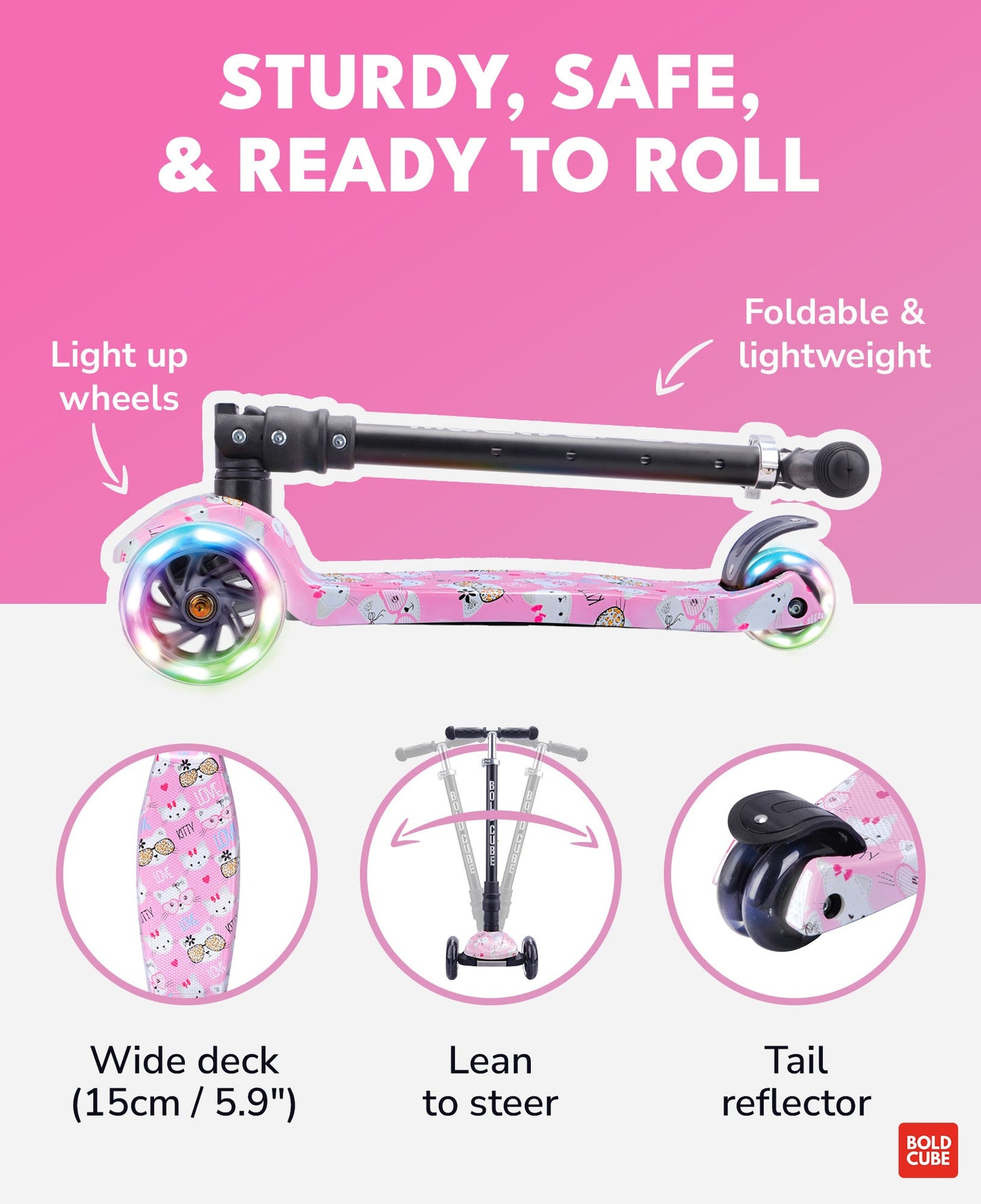 Pink scooter with features highlighted on a pink background
