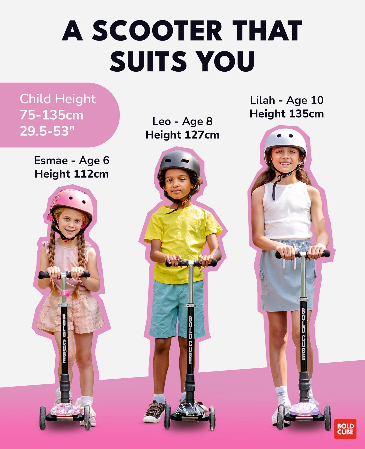 Children with scooters and height chart on a pink and white background
