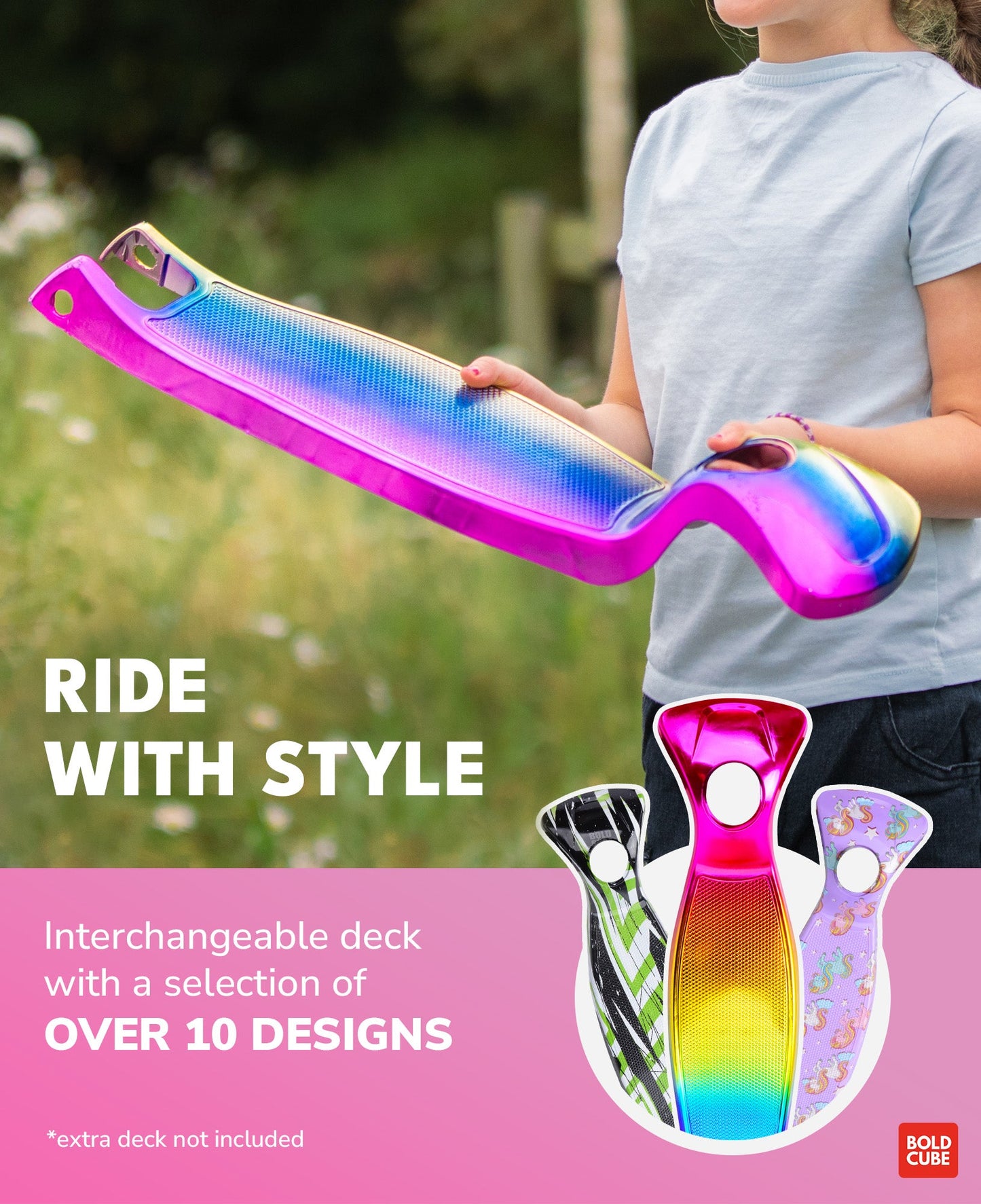 Person holding a colorful skateboard deck with interchangeable options, outdoors.