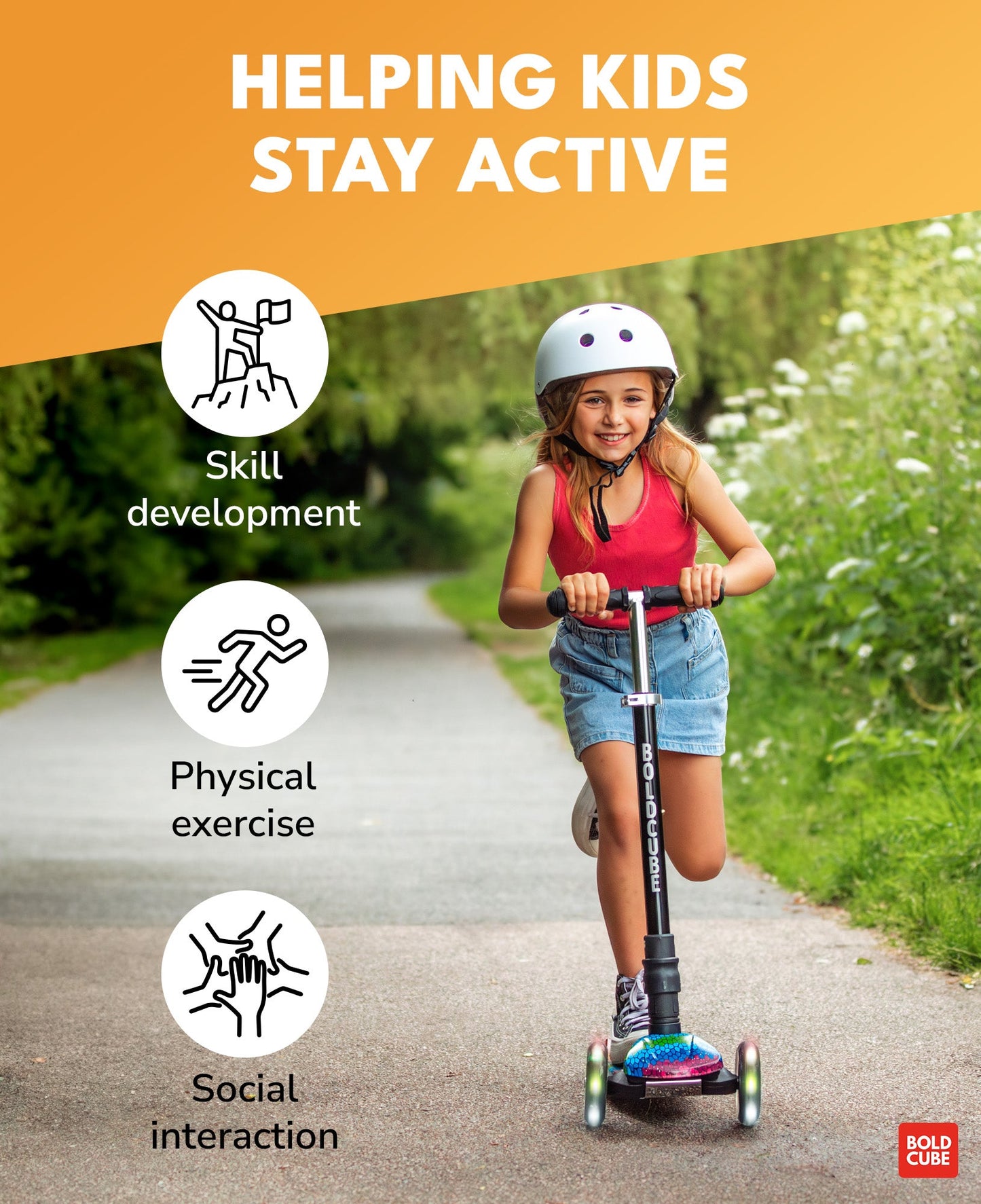 Child riding a scooter with text about helping kids stay active, skill development, physical exercise, and social interaction.