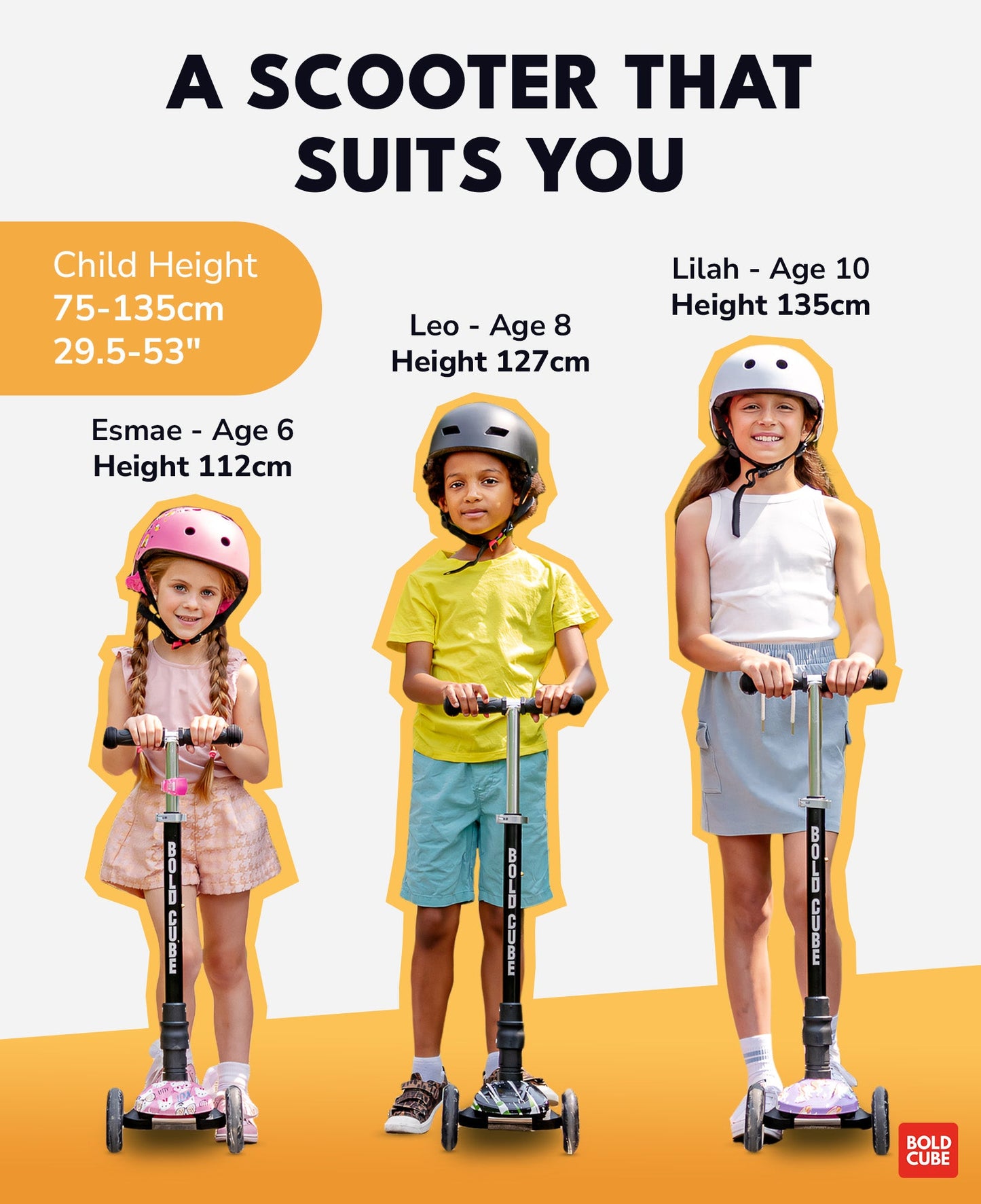 Children using scooters with height guidelines and examples on a white background