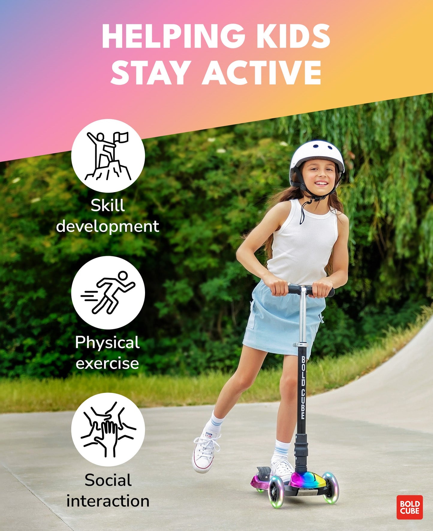 Girl riding a scooter with text about helping kids stay active, skill development, physical exercise, and social interaction.