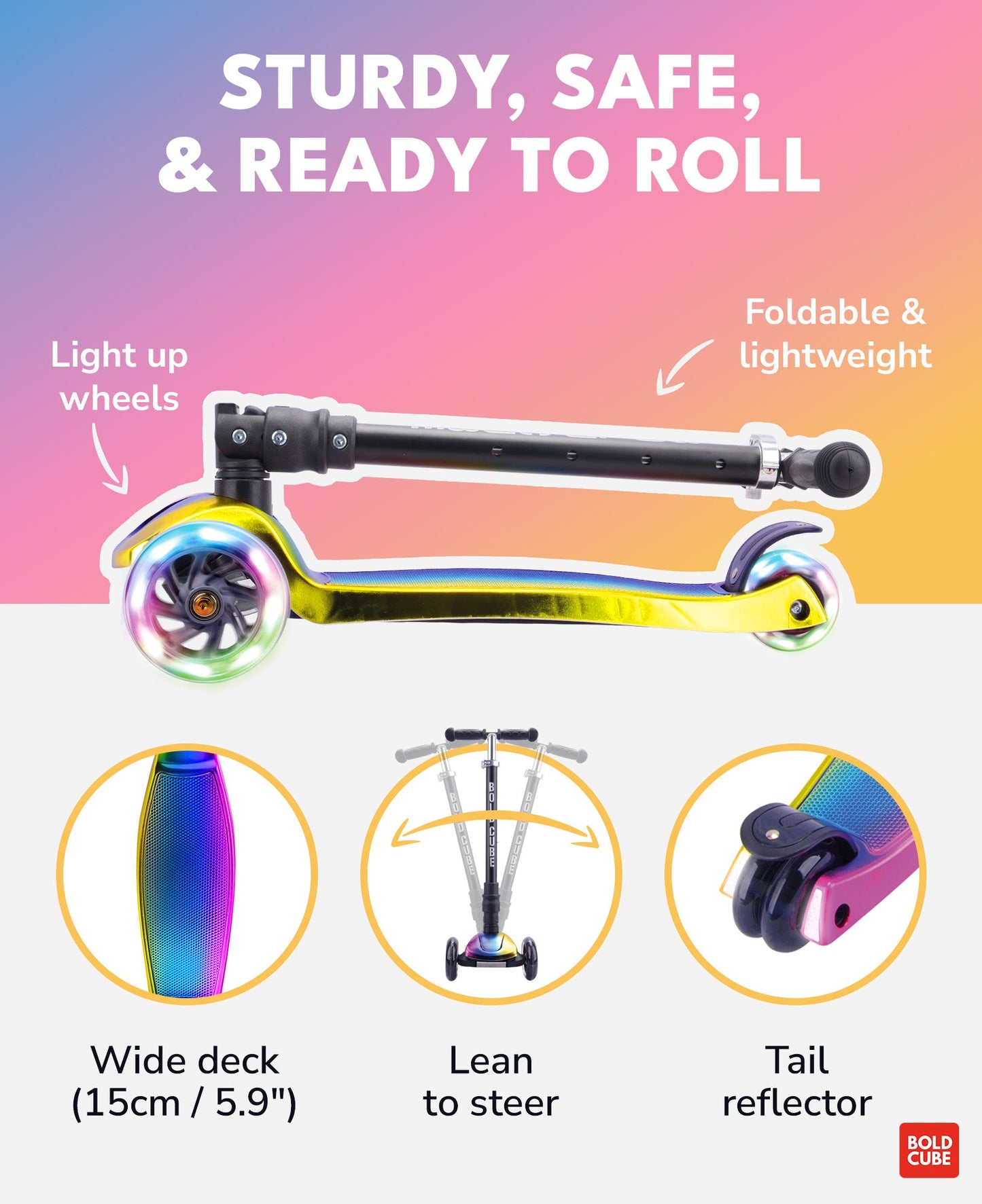 Colorful scooter with features highlighted on a gradient background