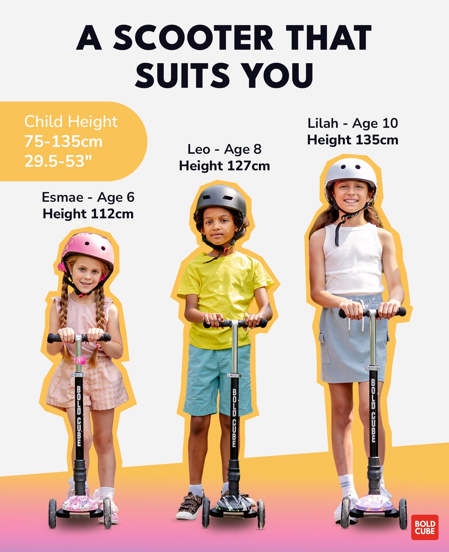 Children using scooters with height and age information displayed