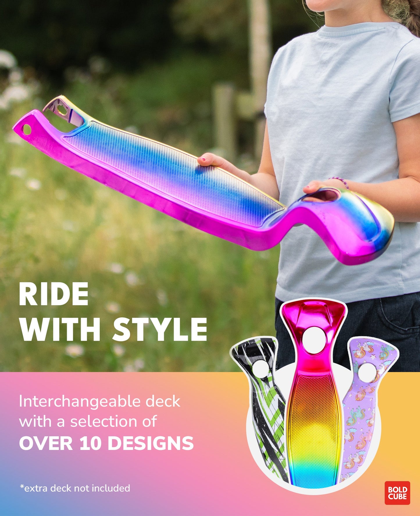 Person holding a colorful longboard with interchangeable deck options displayed.