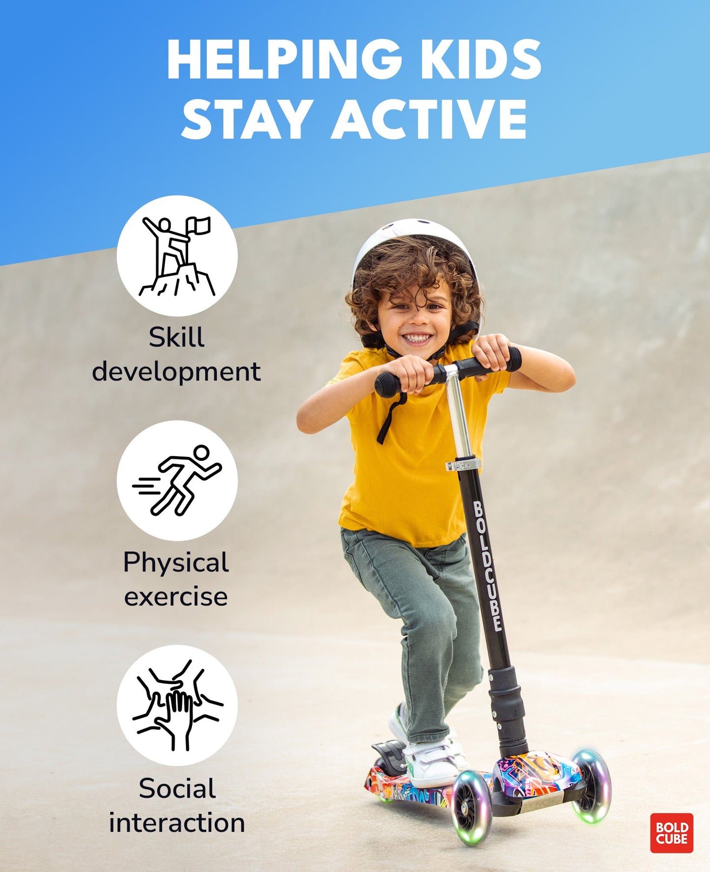Child riding a scooter with text about helping kids stay active on a blue and beige background