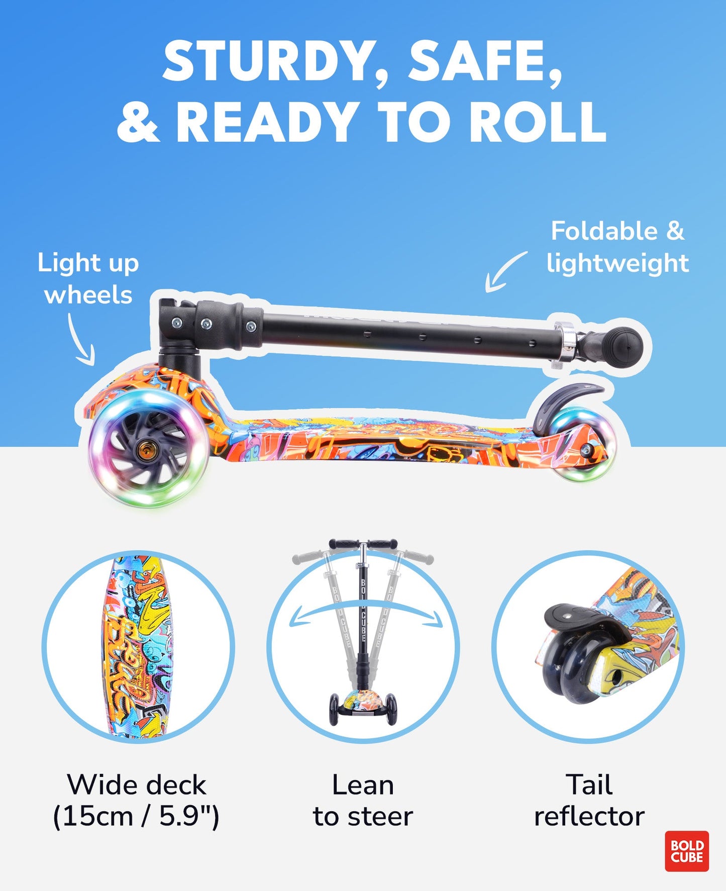 Colorful scooter with features highlighted on a blue and white background