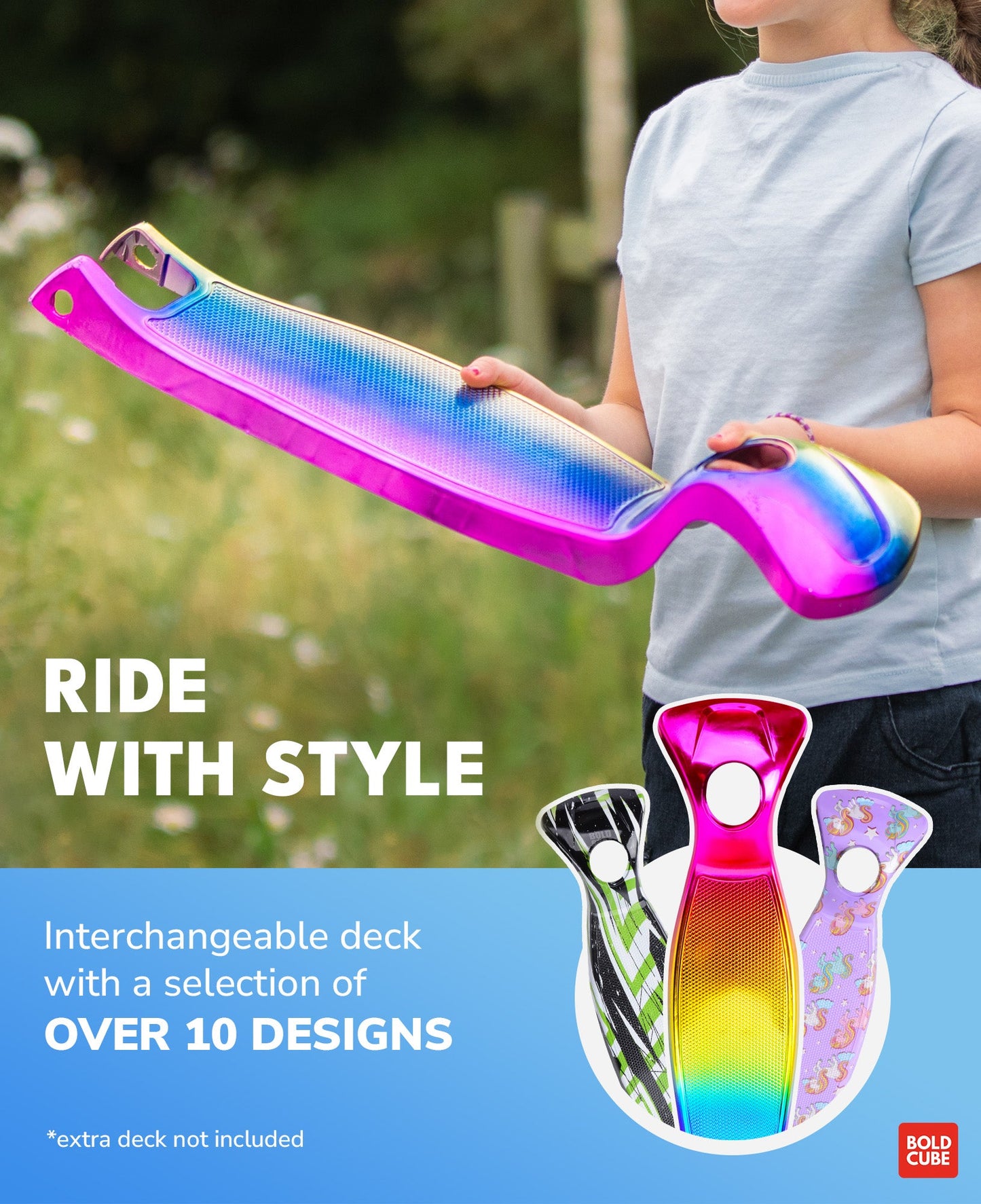 Colorful skateboard deck with interchangeable design options held by a person outdoors.