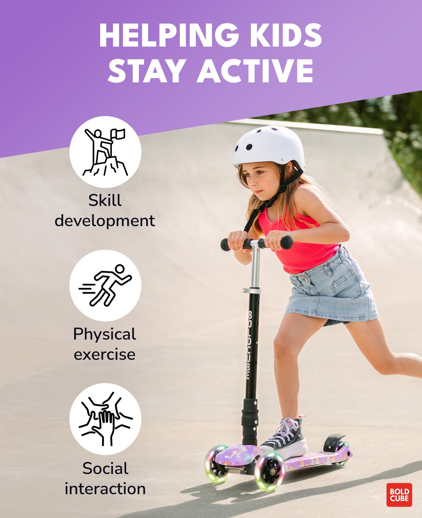 Child riding a scooter with text about helping kids stay active on a purple background