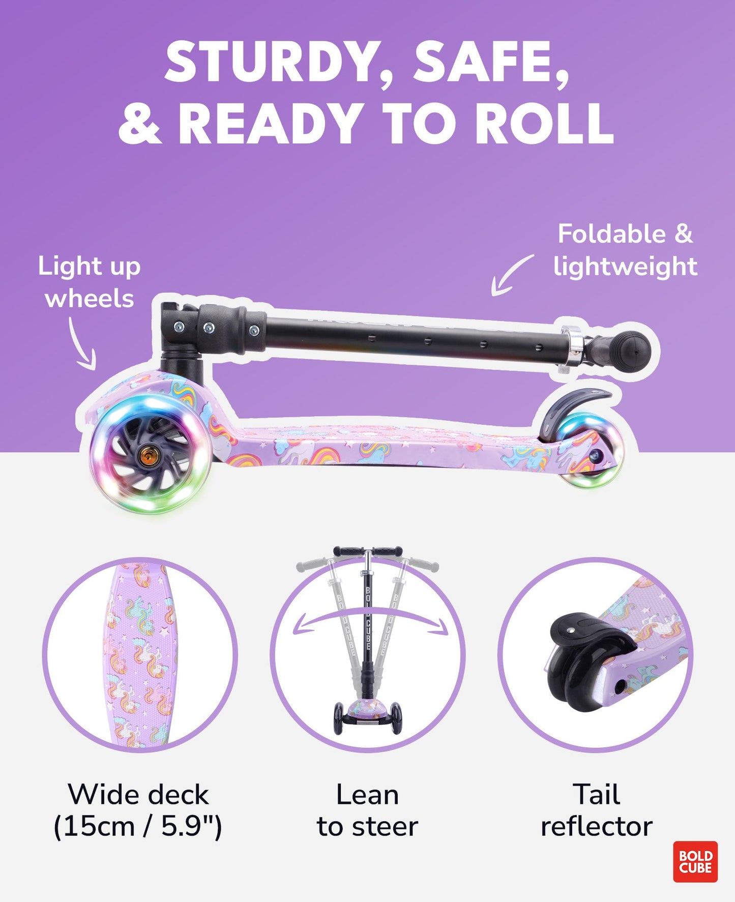 Children's scooter with features highlighted on a purple background