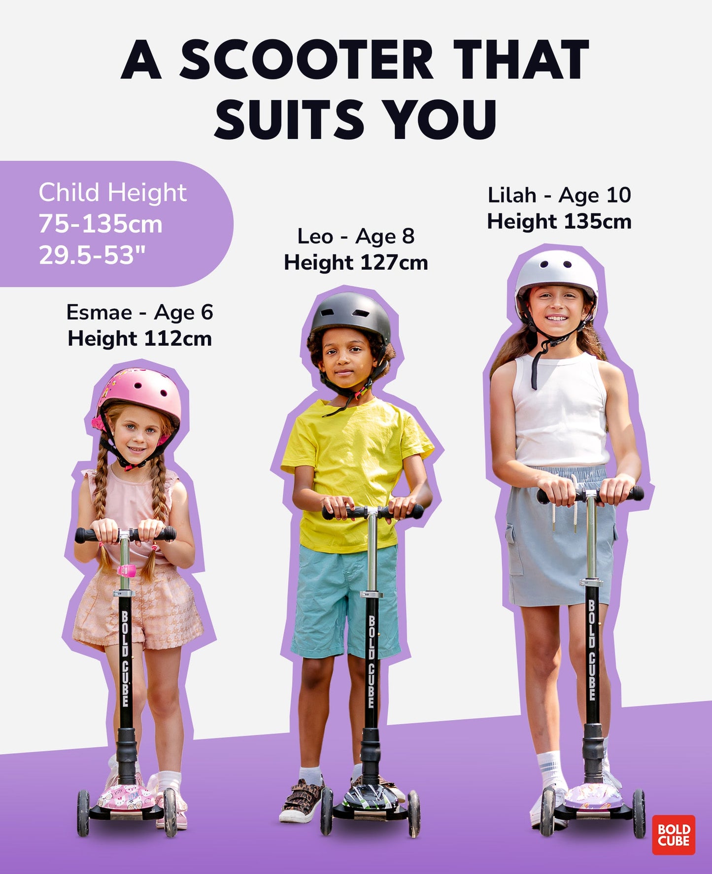 Children using scooters with height and age information displayed on a purple and white background.