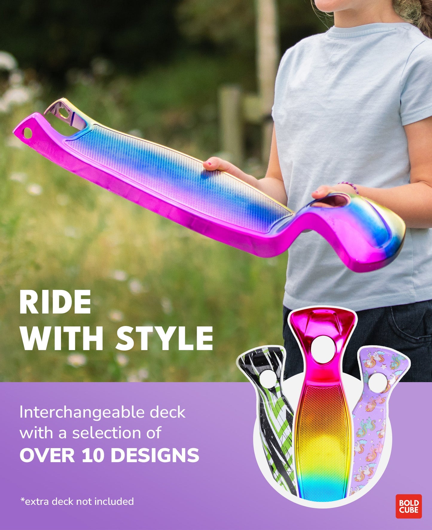 Person holding a colorful skateboard deck with interchangeable options, outdoors.