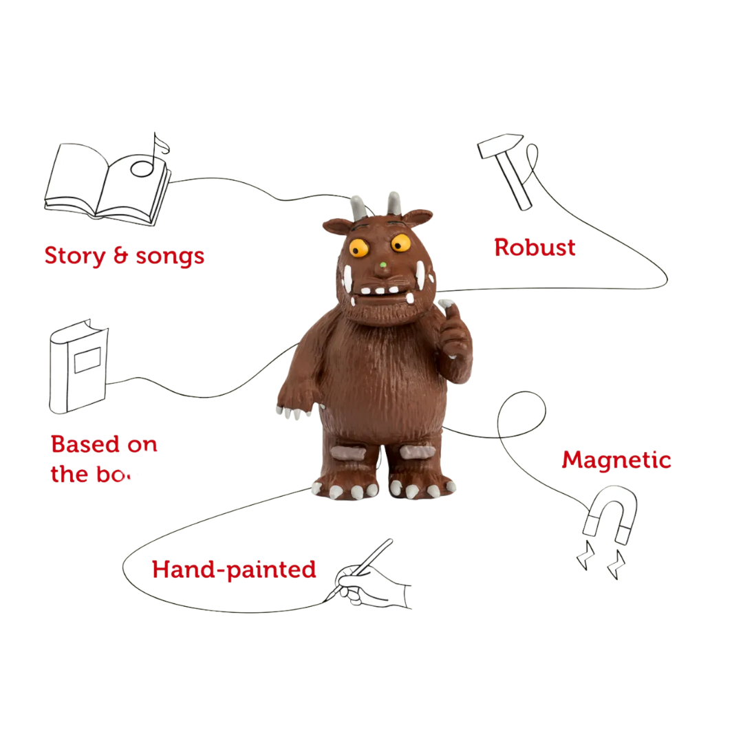 Brown plush toy with features listed on a white background