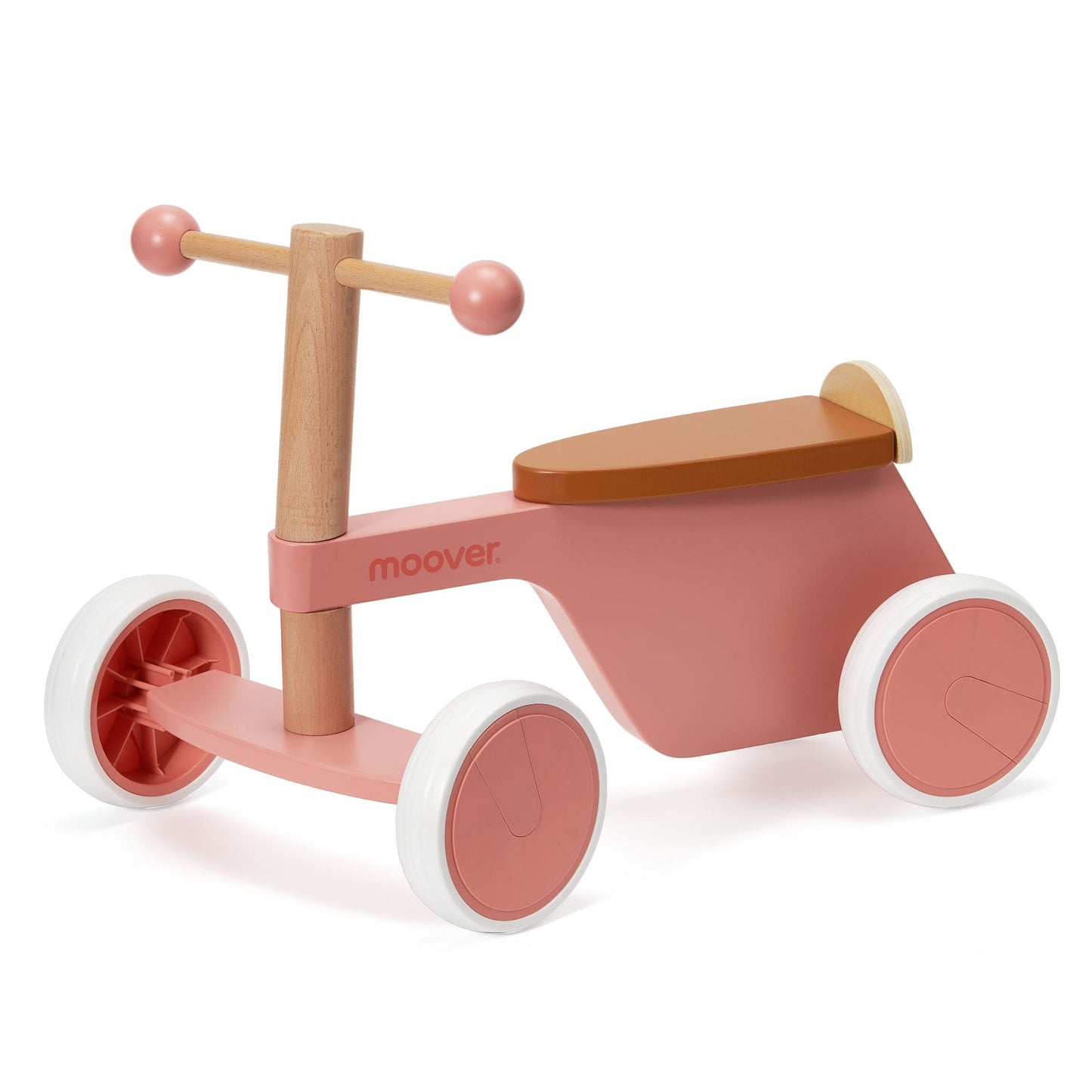 Pink and wooden tricycle with 'moover' branding on a white background