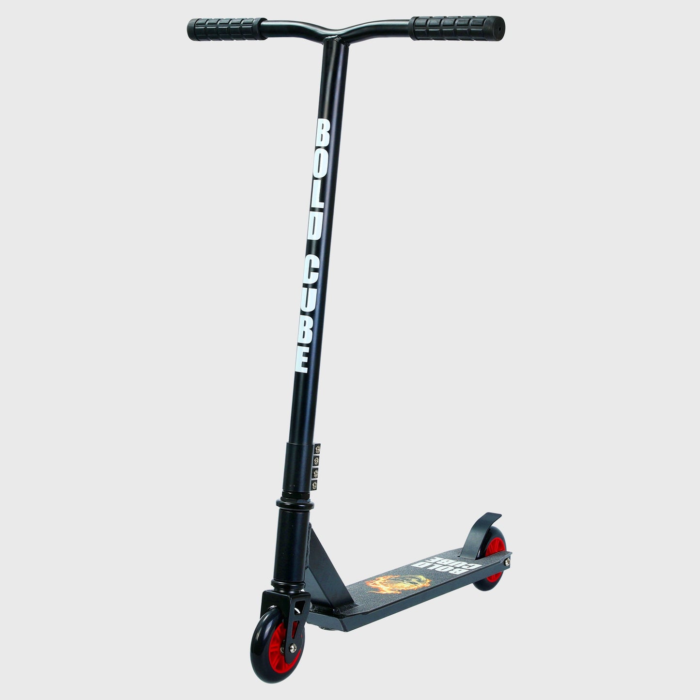 Black scooter with red wheels on a light gray background