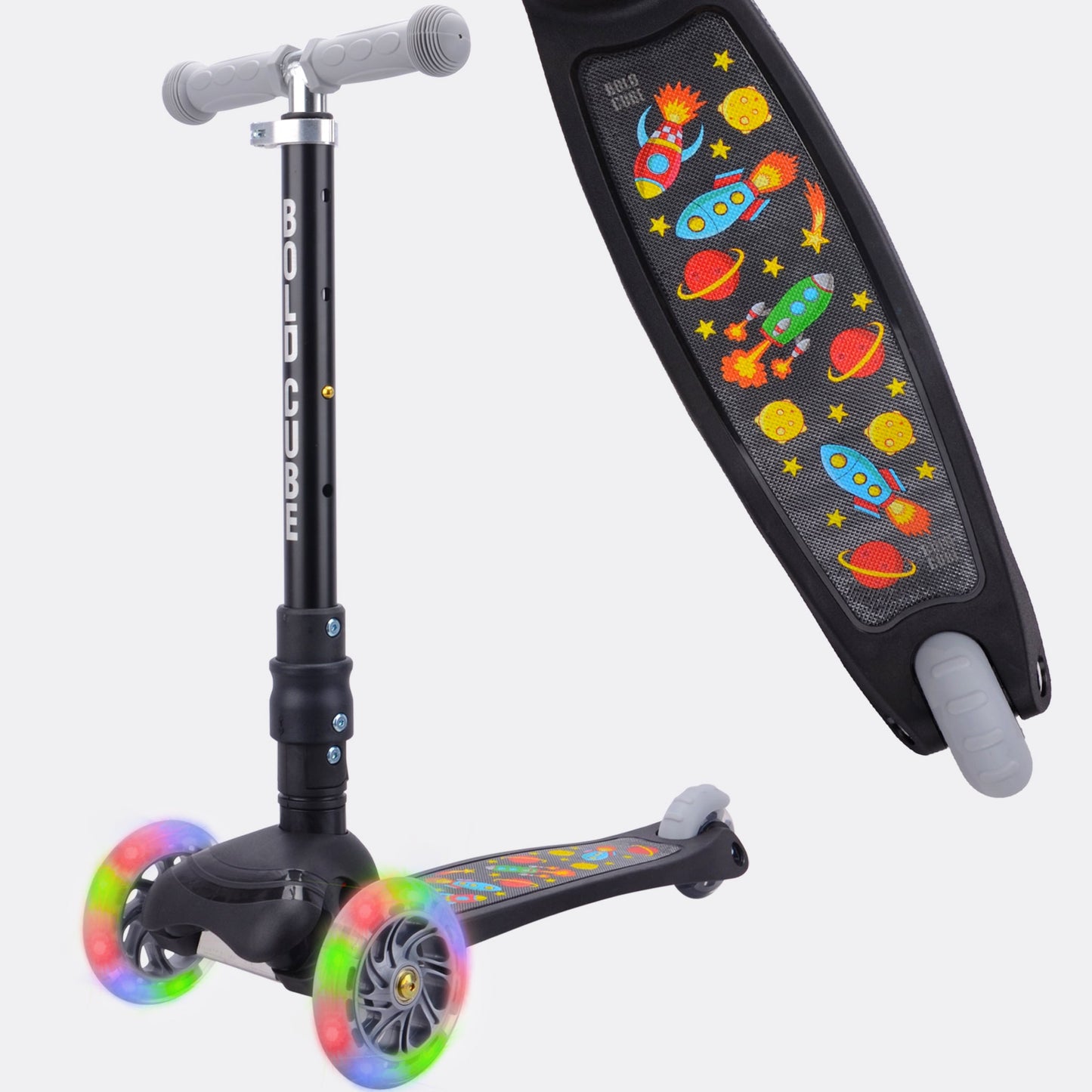 Children's scooter with space-themed design on a white background