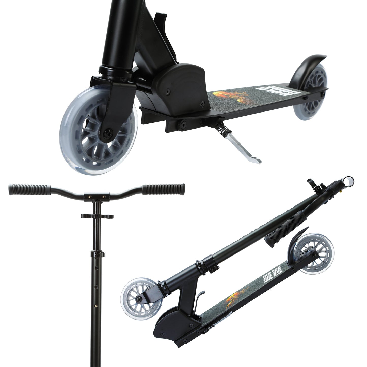 Two views of a scooter with a white background