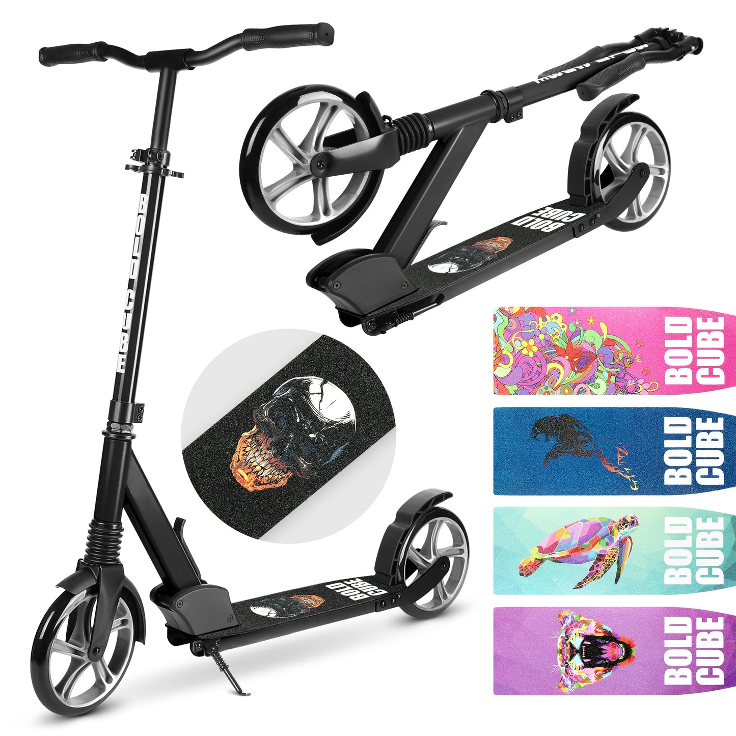 Black scooter with colorful graphics on a white background