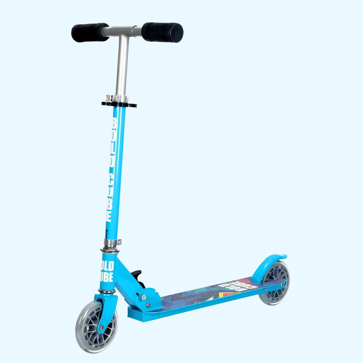 Blue scooter with black handlebars on a white background