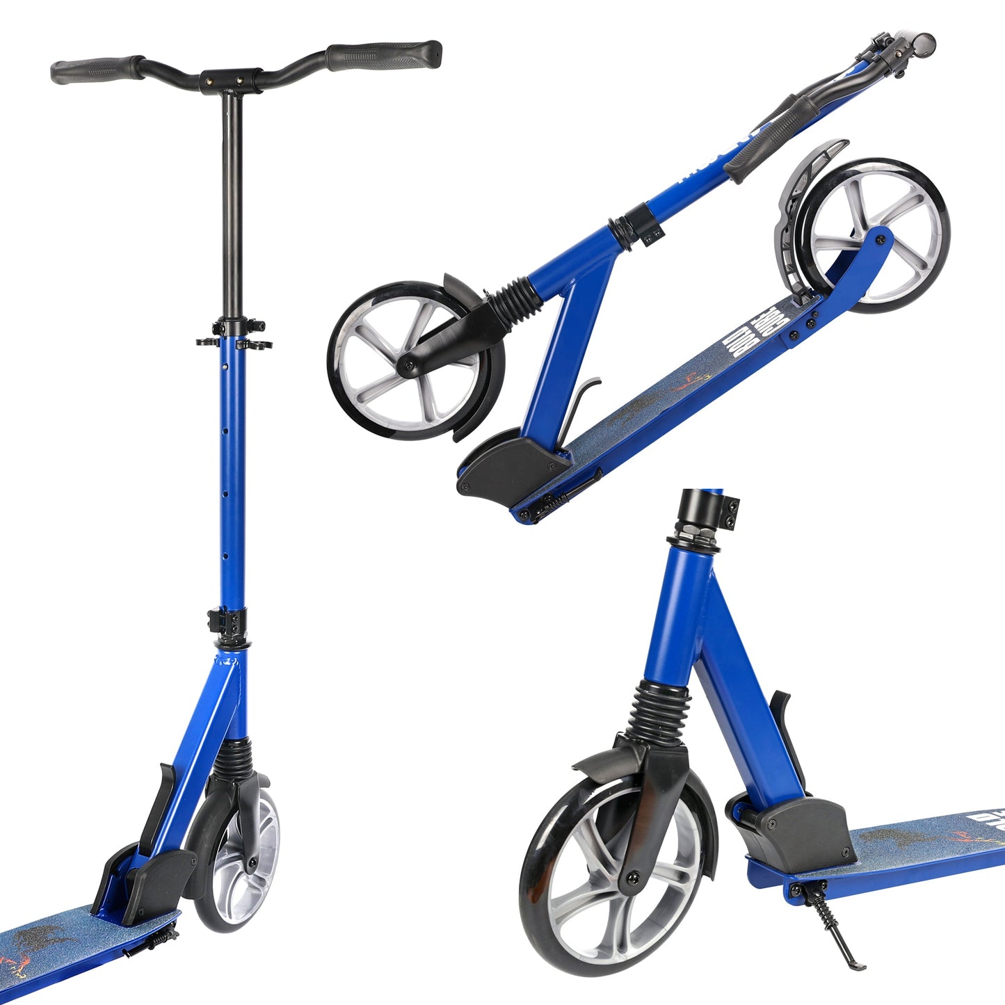Blue scooter with a unique design on a white background
