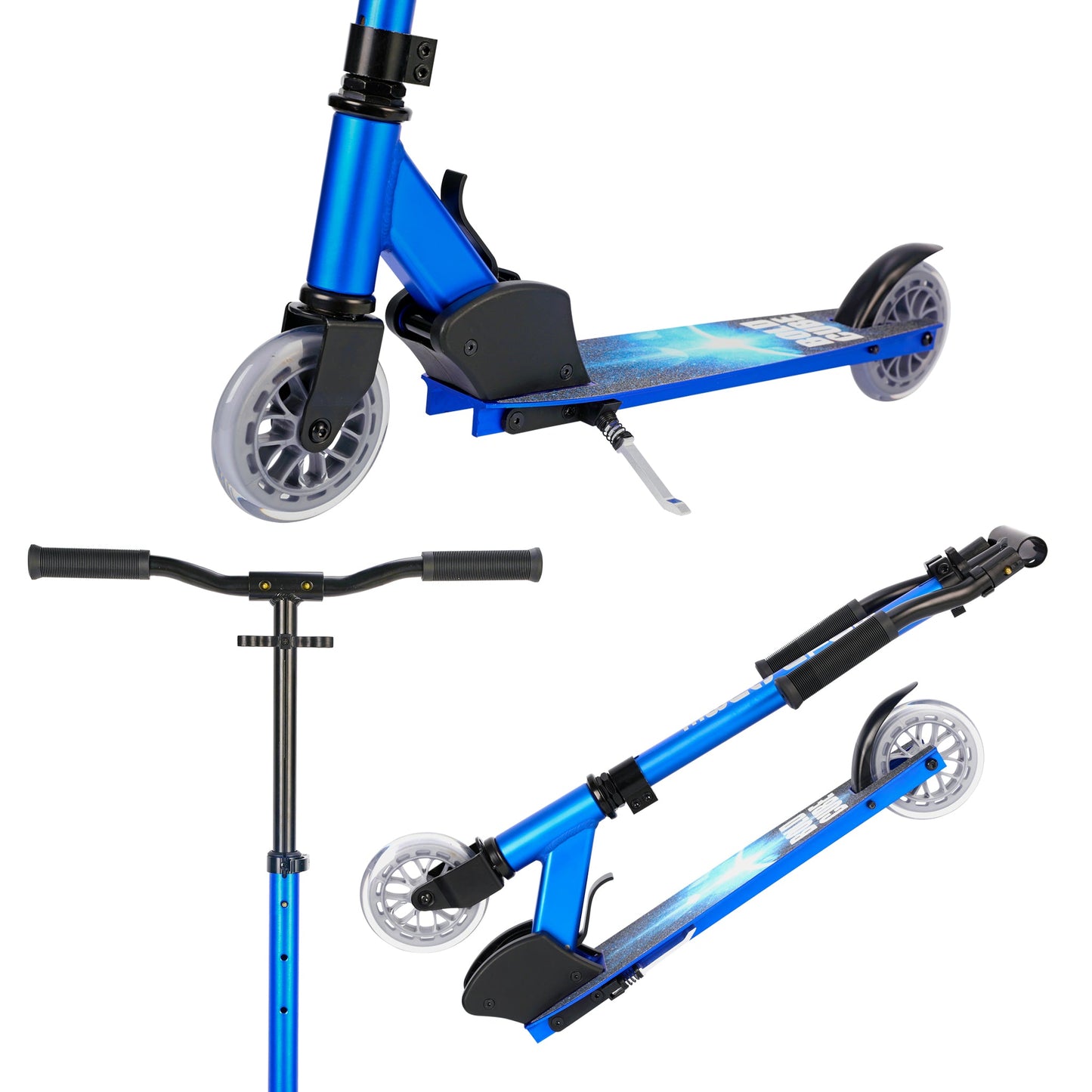 Blue scooter with handlebar and folded position on a white background