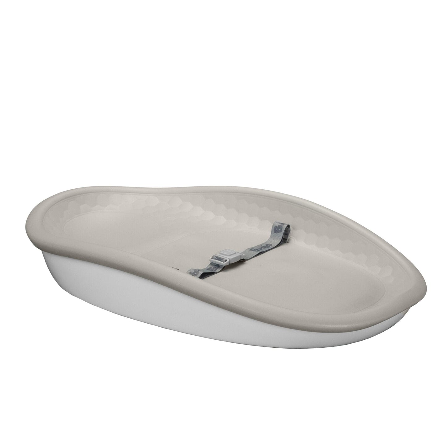 Beige changing pad with a hook on a white background