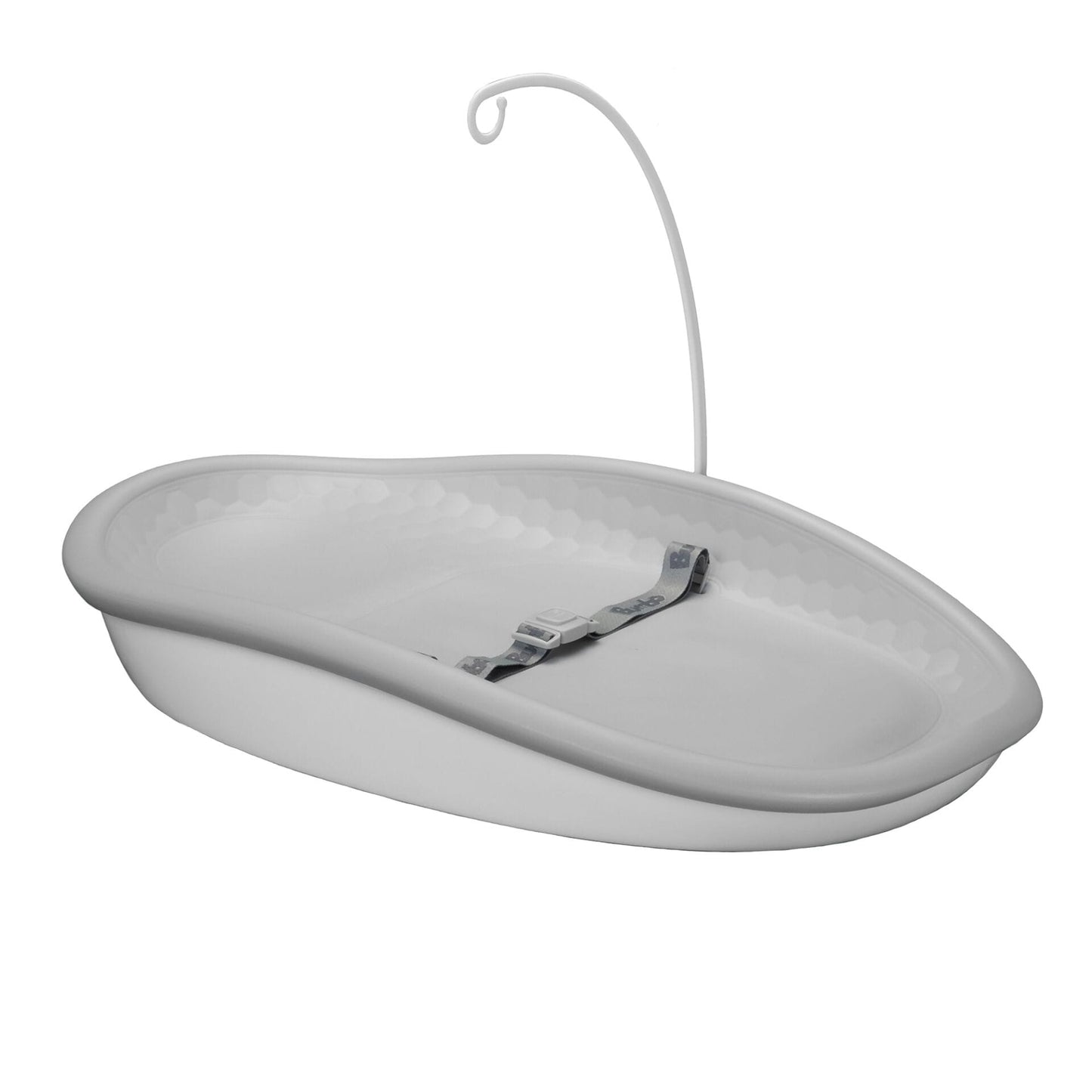 Grey changing pad with a hook on a white background