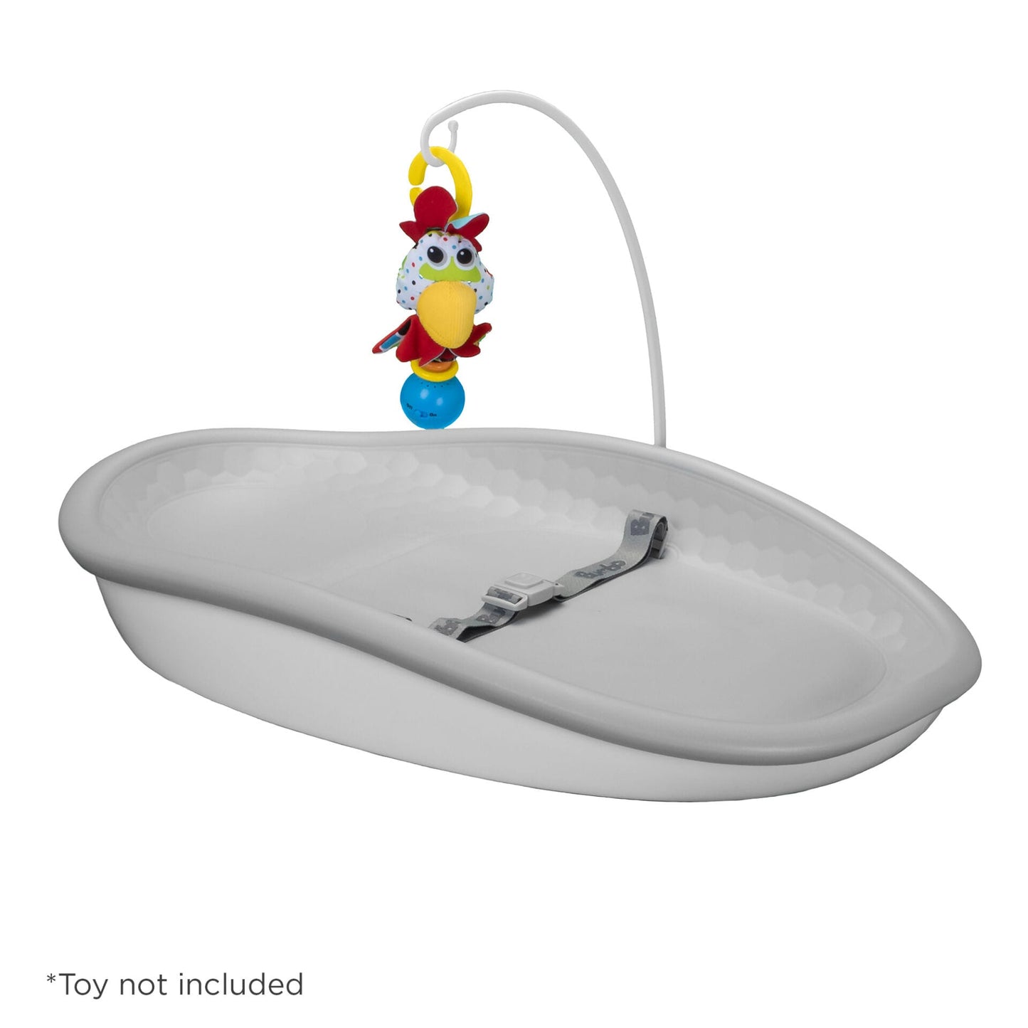 Grey changing pad with a hook on a white background