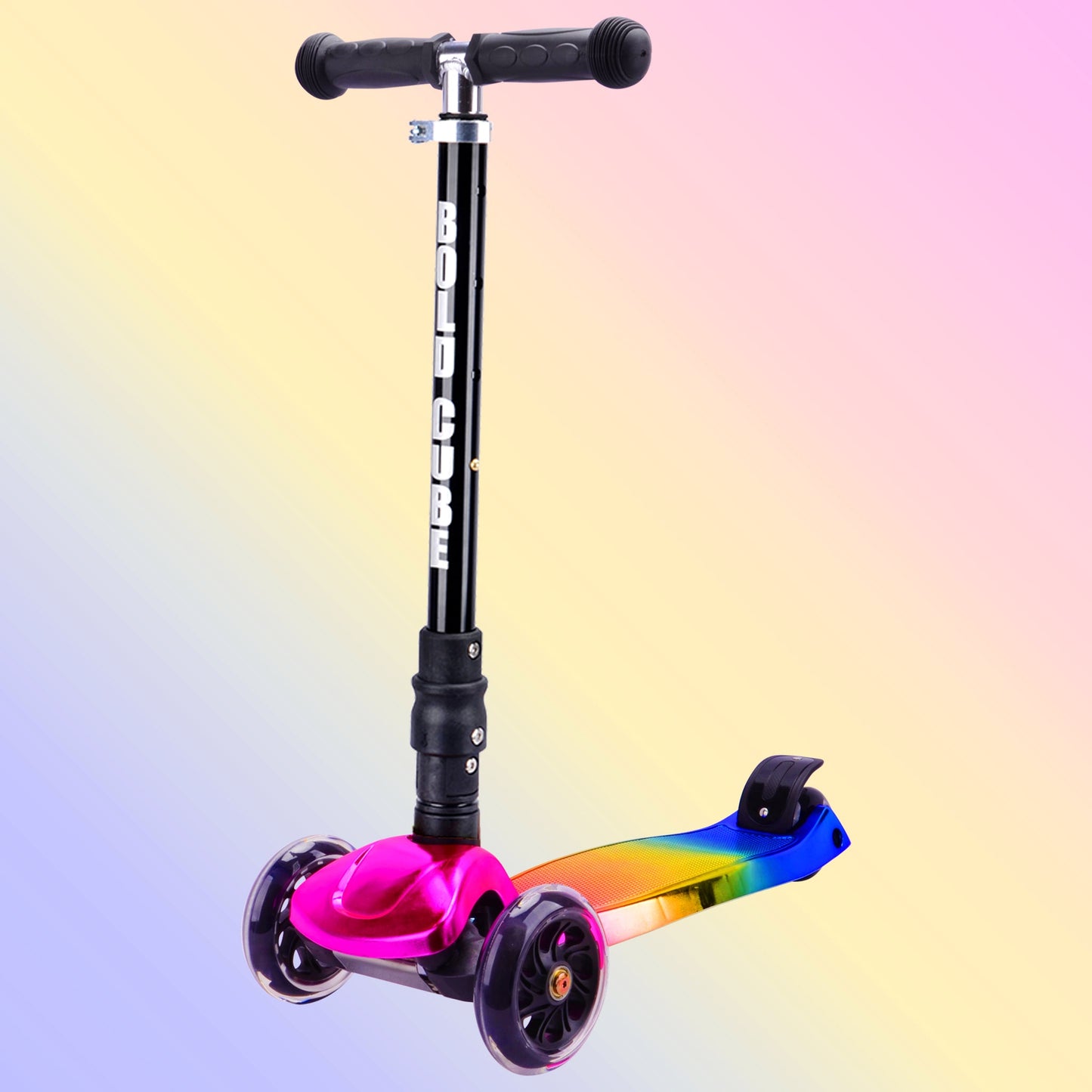 Colorful scooter with pink and rainbow design on a gradient background