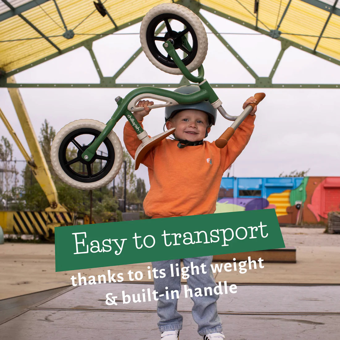 Child holding a balance bike with text about its ease of transport.