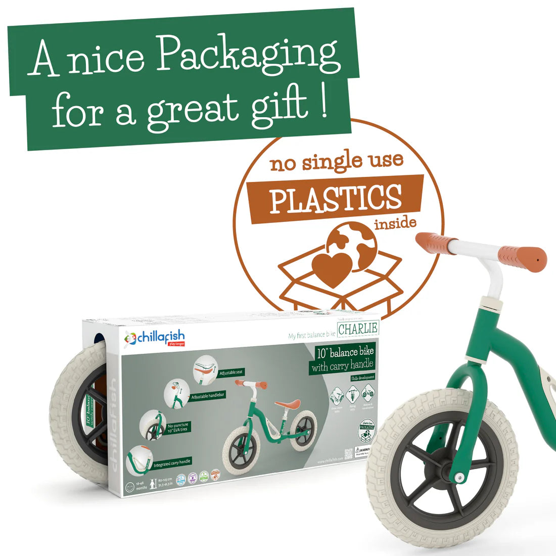 Children's balance bike with packaging and text highlighting eco-friendly packaging.